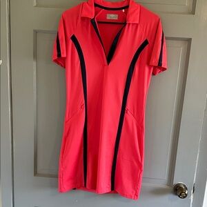 Callaway Opti Dry Golf Dress Coral Navy Trim Short Sleeve 1/4 Snap Neckline